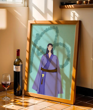 Personaje con atuendo tradicional sobre fondo texturizado