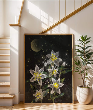 Floral Night Scene with Luminous Flowers and Golden Moon