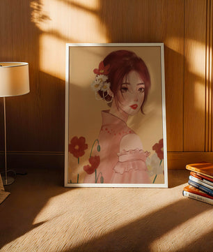 Portrait élégant d'une femme avec des ornements floraux et une expression douce