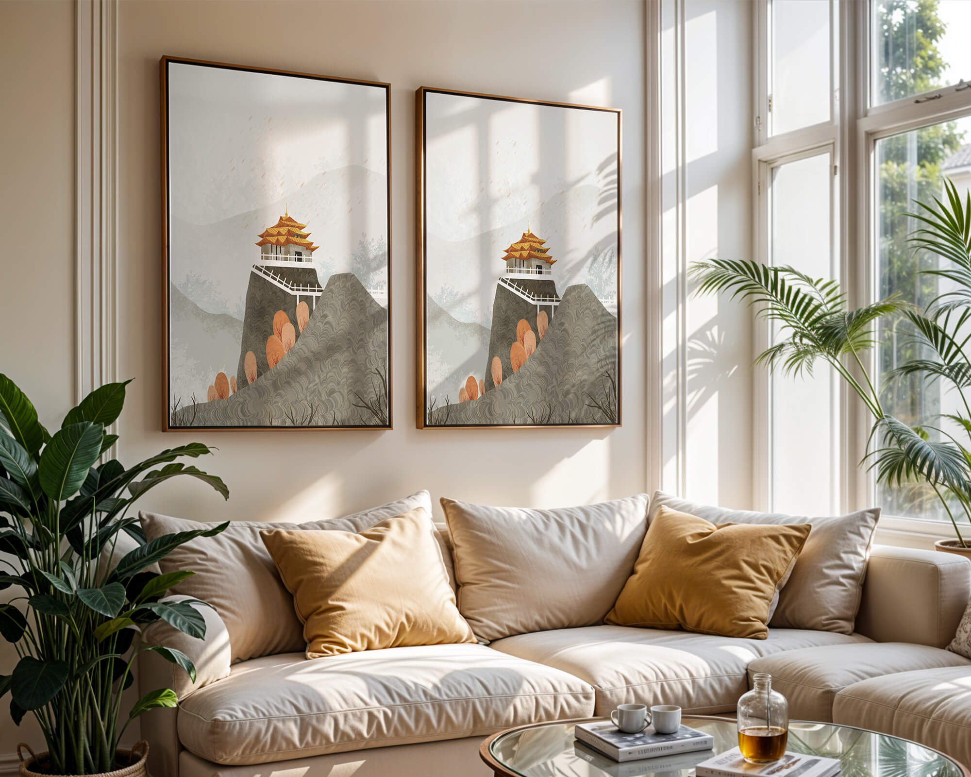 Serene mountain landscape with traditional Asian architecture