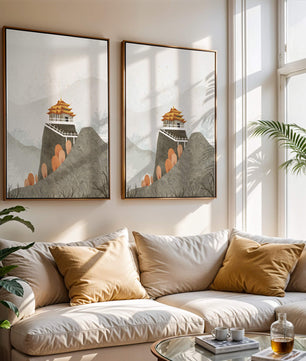 Serene mountain landscape with traditional Asian architecture