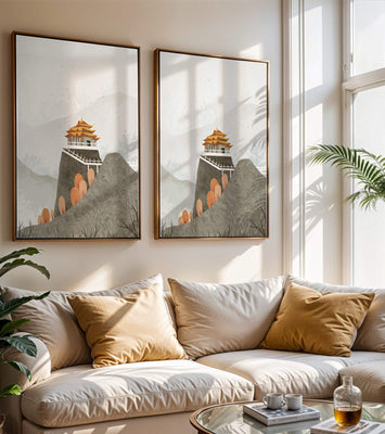 Serene mountain landscape with traditional Asian architecture