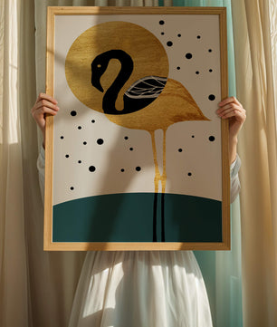 Ilustración elegante de flamenco dorado y negro con elementos de puntos abstractos