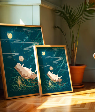 Adorable ilustración de un gato relajándose en un jardín iluminado por la luna con linterna