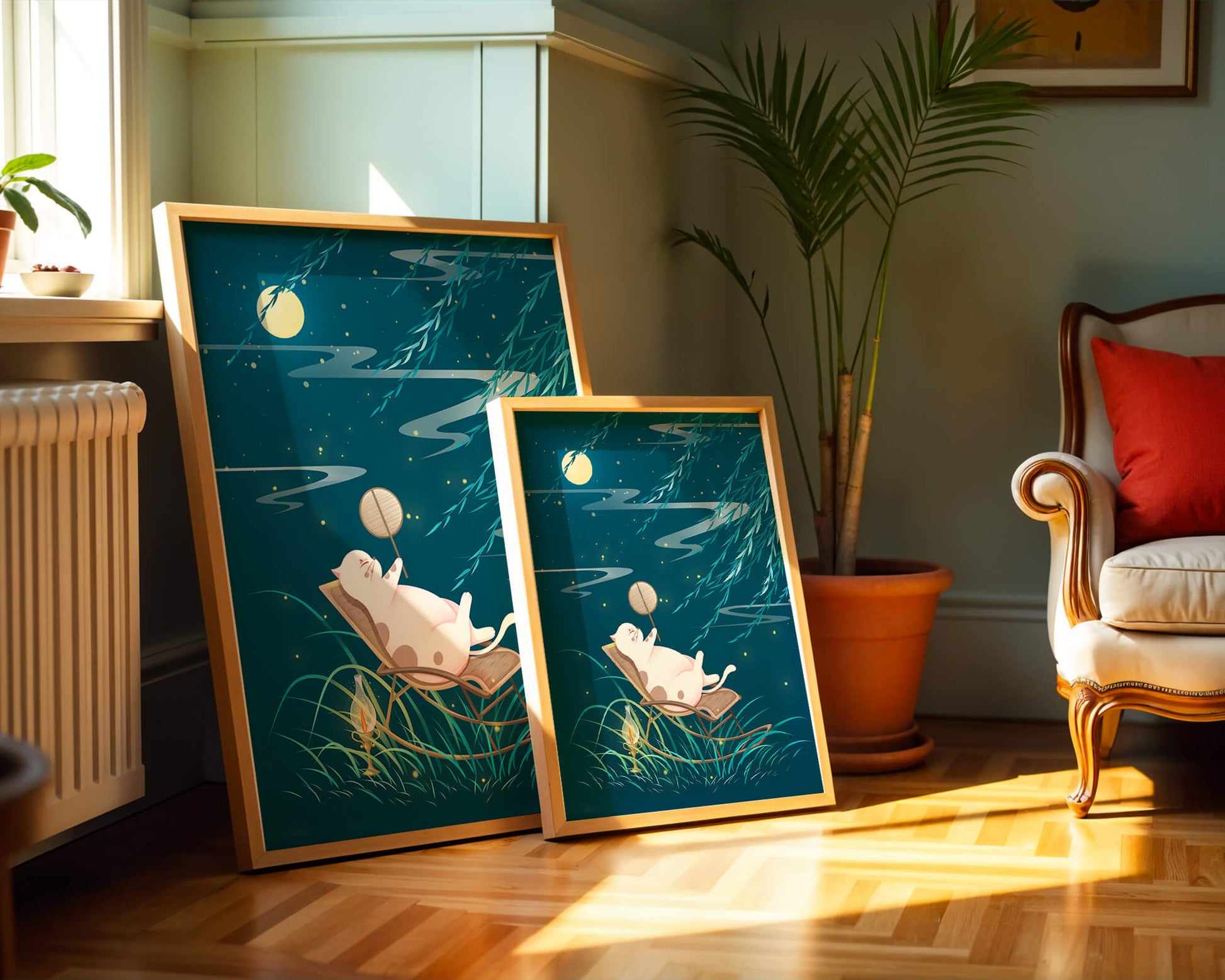 Adorable ilustración de un gato relajándose en un jardín iluminado por la luna con linterna
