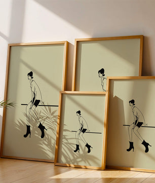 Schicke minimalistische Illustration einer sitzenden Frau in stylischen Stiefeln