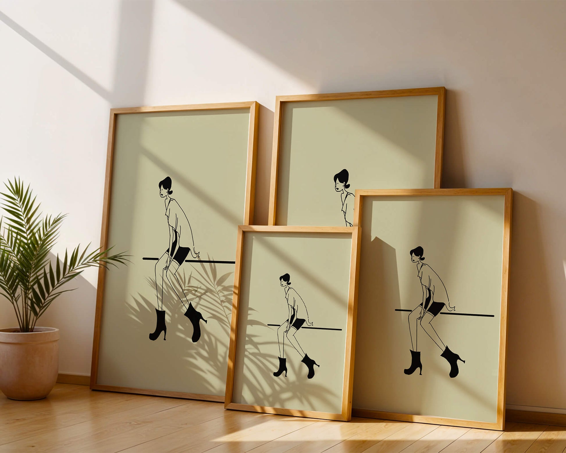 Schicke minimalistische Illustration einer sitzenden Frau in stylischen Stiefeln
