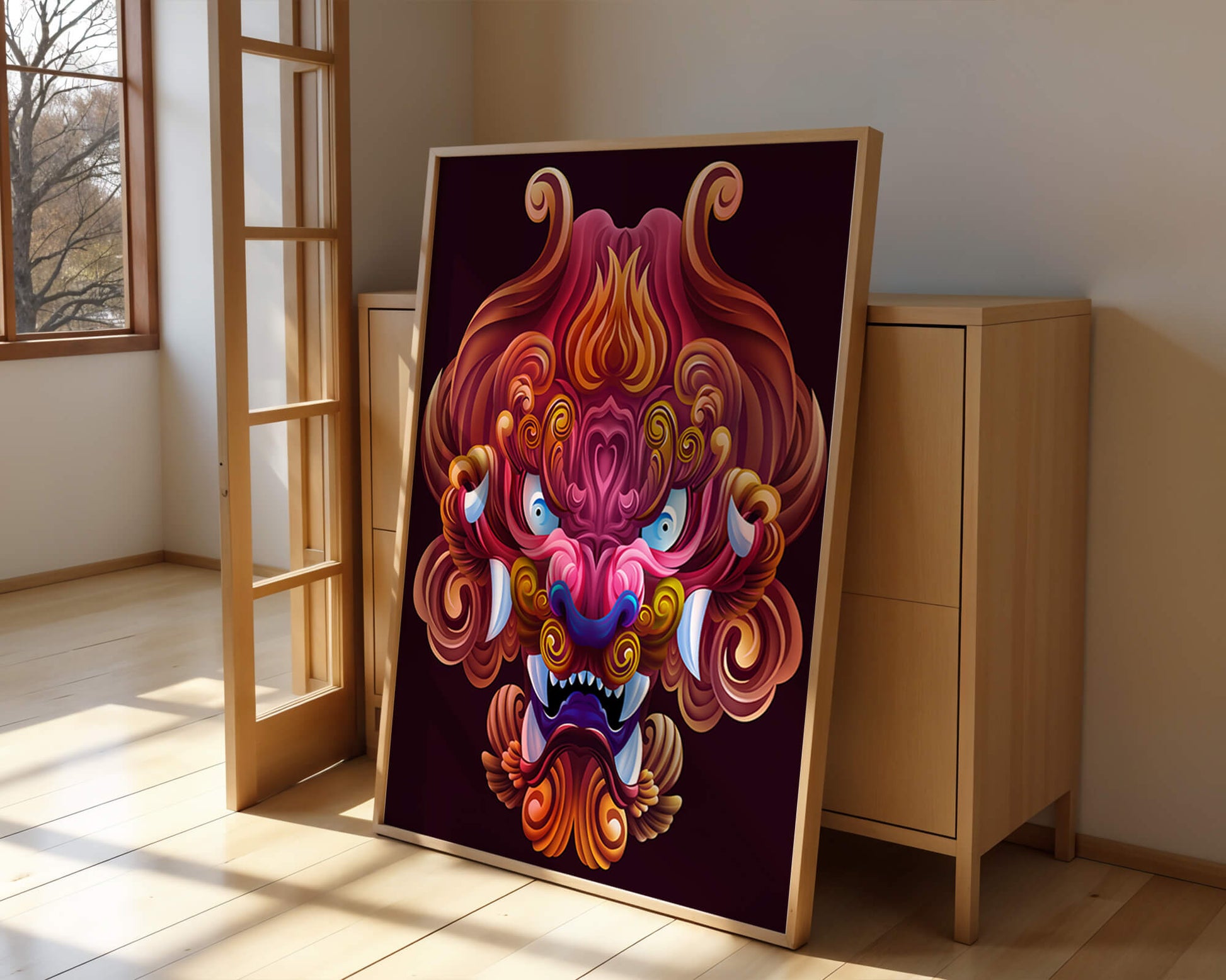 Intricate Colorful Dragon Face Illustration with Swirling Patterns