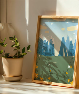 Landschaft mit schneebedeckten Bergen und Blumen im Cartoon-Stil