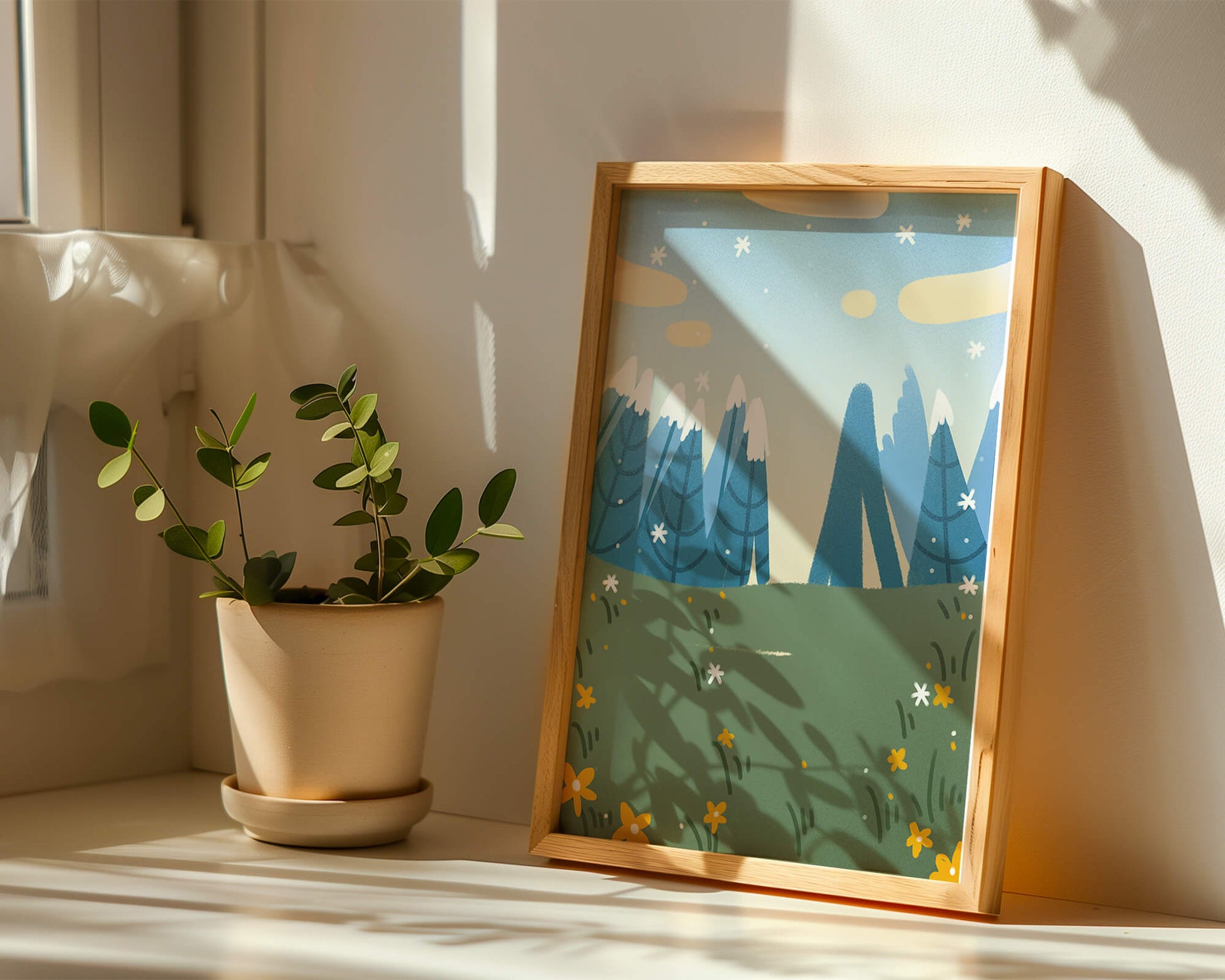 Landschaft mit schneebedeckten Bergen und Blumen im Cartoon-Stil