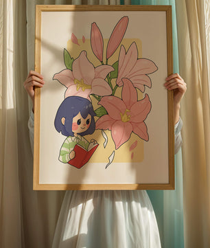 Illustration d'une fille lisant avec de grands lys roses en arrière-plan