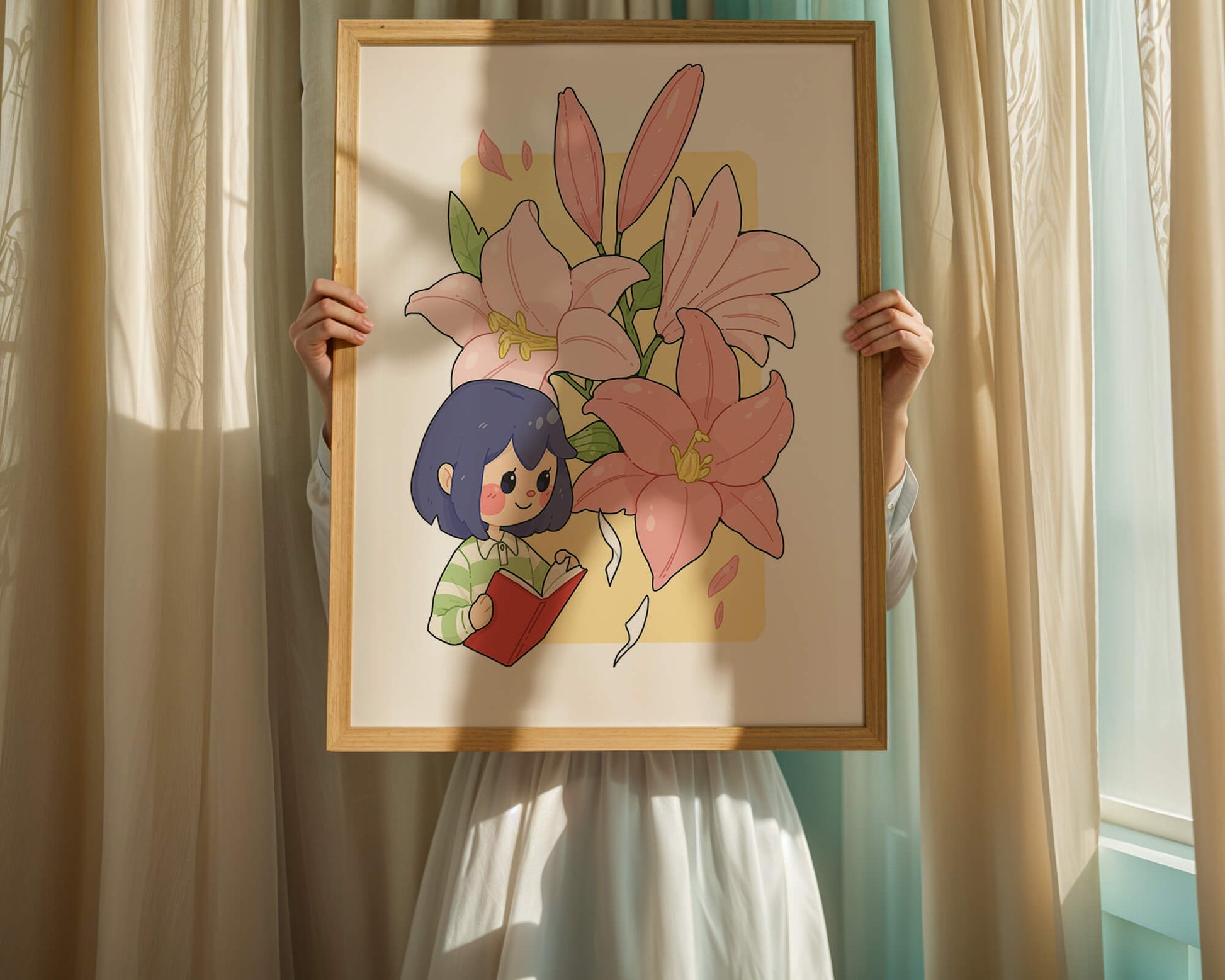 Illustration of a girl reading with large pink lilies in the background