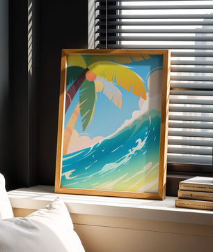 Escena vibrante de playa tropical con palmera y ola del océano