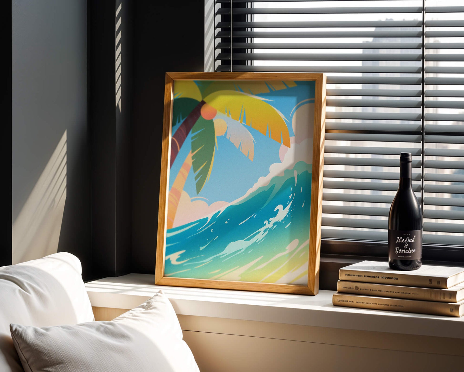 Escena vibrante de playa tropical con palmera y ola del océano