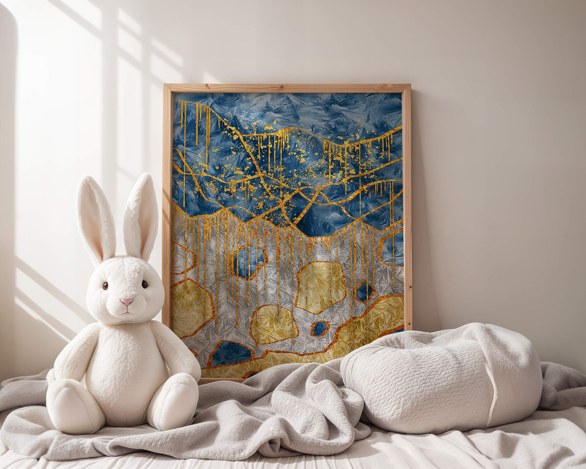 Abstract gold and blue textured art with dynamic splashes of color