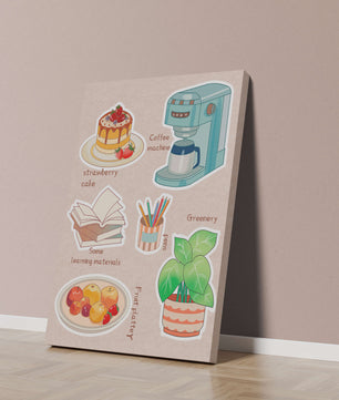 Elementos esenciales del hogar acogedor que incluyen pastel de fresa, cafetera y materiales de estudio