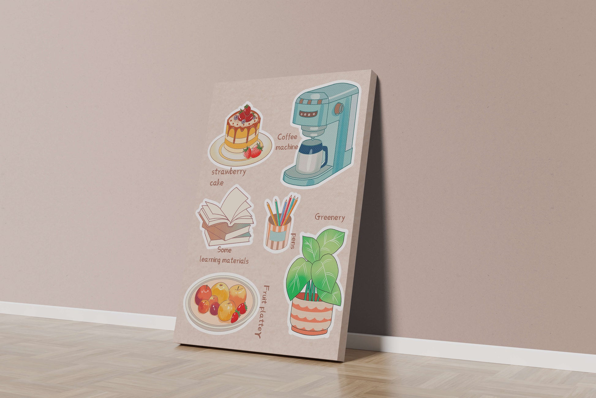 Elementos esenciales para un hogar acogedor, como tarta de fresa, cafetera y materiales de estudio.
