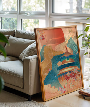 Illustration of Chinese architecture with the Great Wall and nature elements