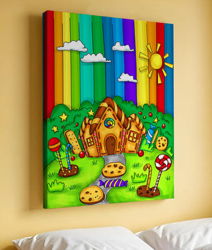 Whimsical candy house in a vibrant rainbow landscape