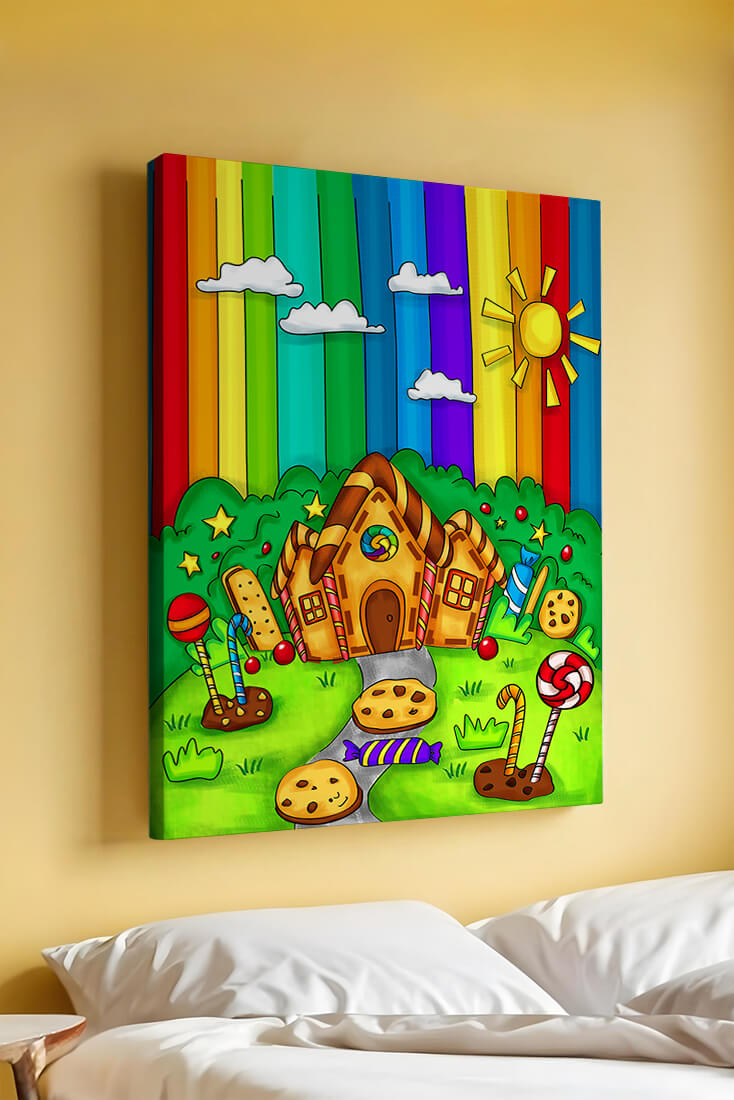 Whimsical candy house in a vibrant rainbow landscape