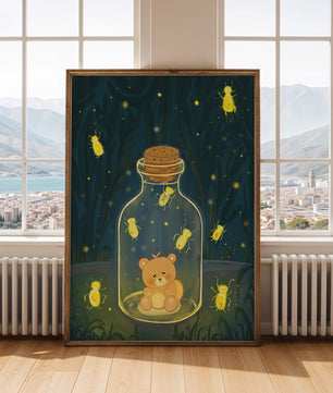 Charming teddy bear in a jar with glowing fireflies