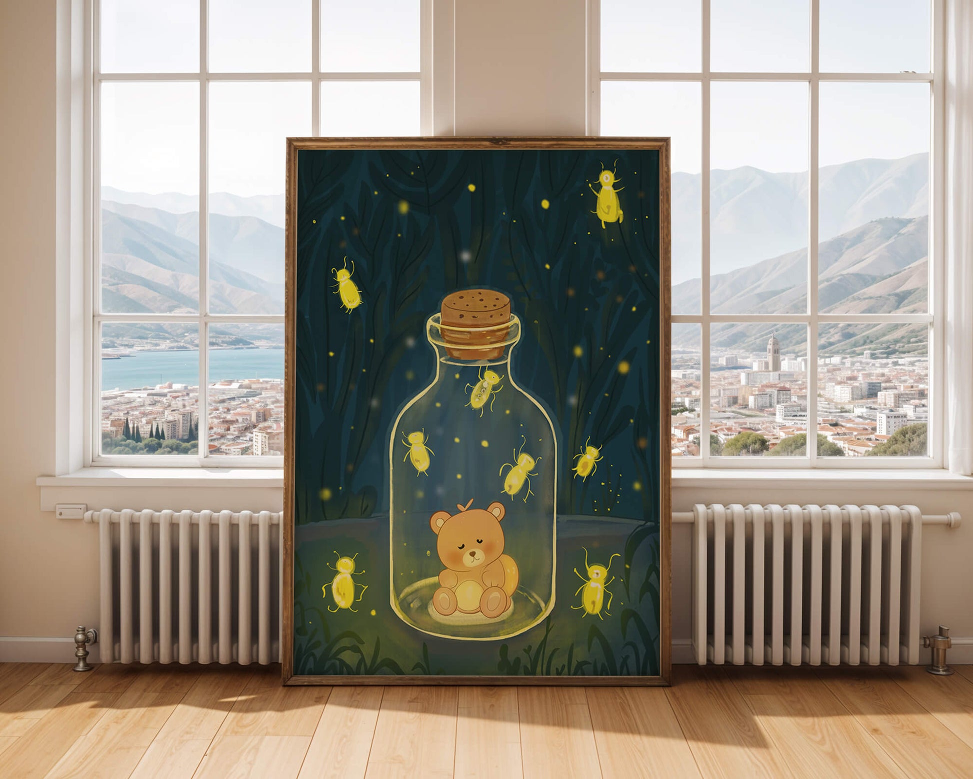 Charming teddy bear in a jar with glowing fireflies