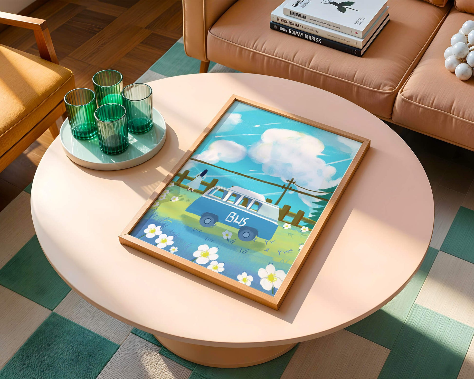 Ilustración escénica con autobús azul y prado en flor