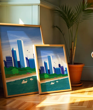 Paisaje urbano moderno con skyline y frente al agua en un estilo vibrante