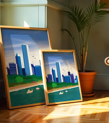 Modern cityscape with skyline and waterfront in a vibrant style