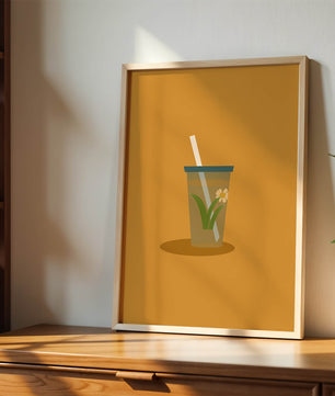 Illustration of a Drink with Botanical Element and Straw on Orange Background - Mi tienda