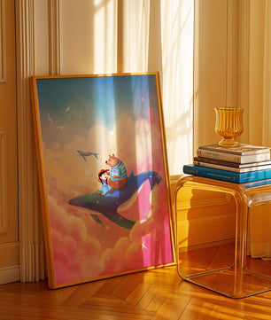 Fantasy illustration of girl and bear riding a whale through colorful clouds