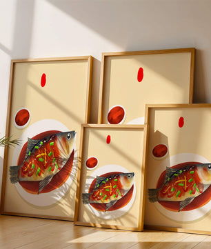 Illustration of a colorful fish dish with garnish