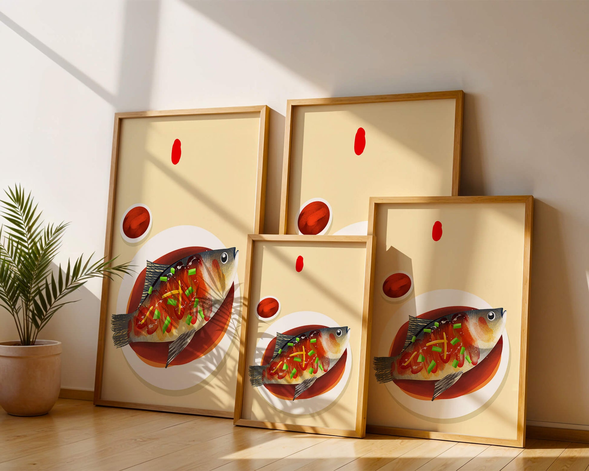 Illustration of a colorful fish dish with garnish