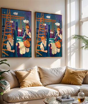 Illustrated construction workers on a high-rise building site