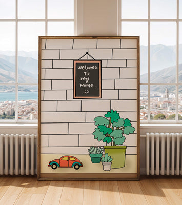 Chalkboard welcome sign with potted plants and a toy car