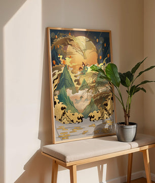 Mythical dragon and warrior painting with golden elements against a mountainous landscape