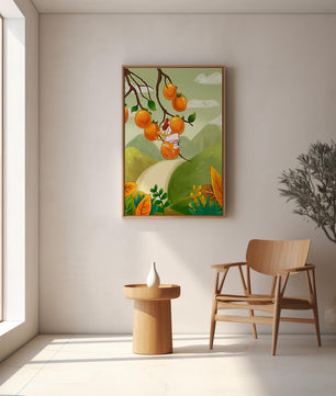Femme assise sur un fruit orange dans un paysage surréaliste