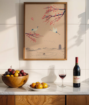 Paysage asiatique élégant avec des grues et des branches de cerisier en fleurs