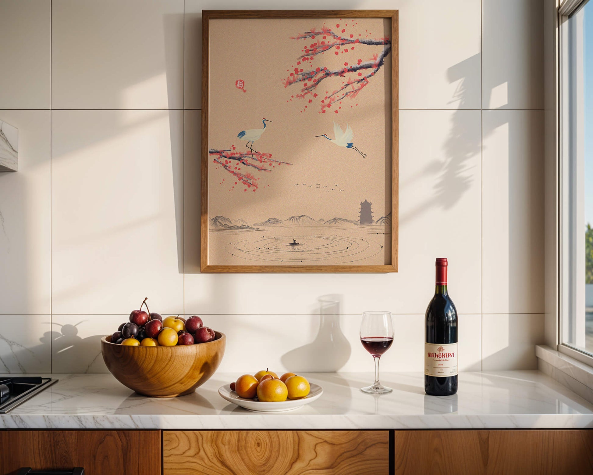 Elegant Asian landscape with cranes and cherry blossom branches