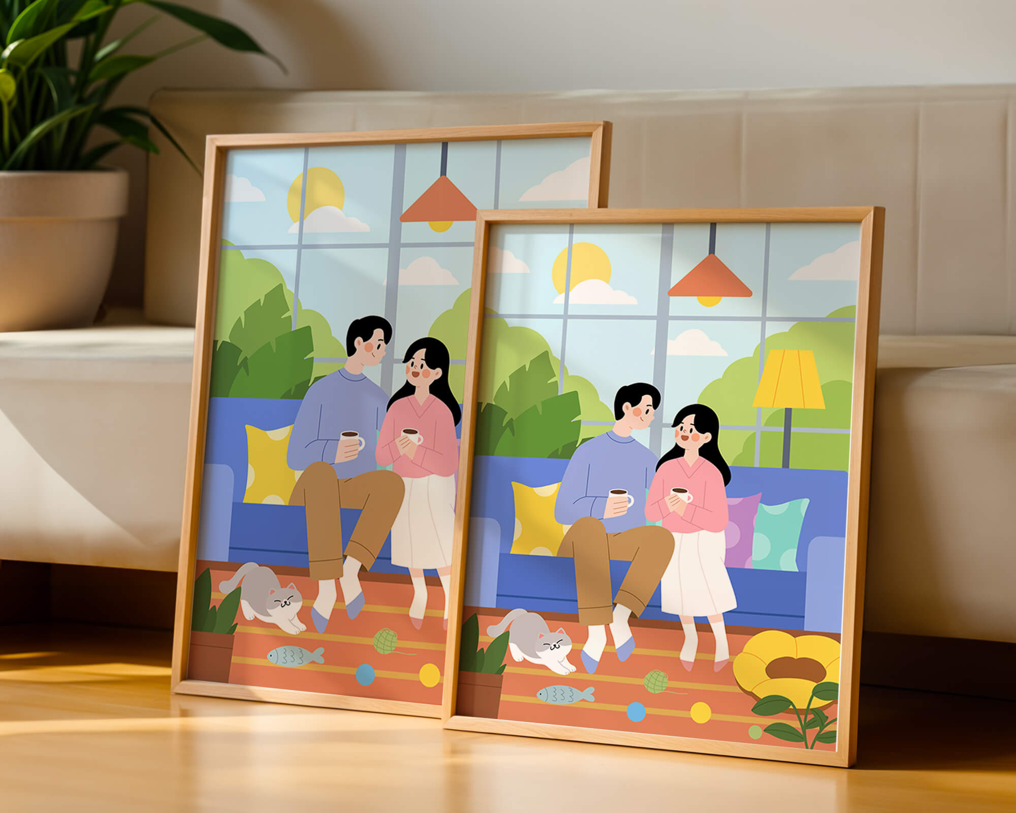 Cozy living room scene with couple and playful cat