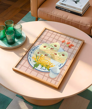 Illustration of layered cake on patterned plate with flowers and a cup