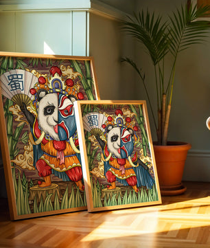 Colorful panda dressed in traditional Chinese opera costume surrounded by bamboo