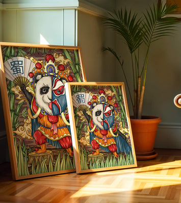Colorful panda dressed in traditional Chinese opera costume surrounded by bamboo