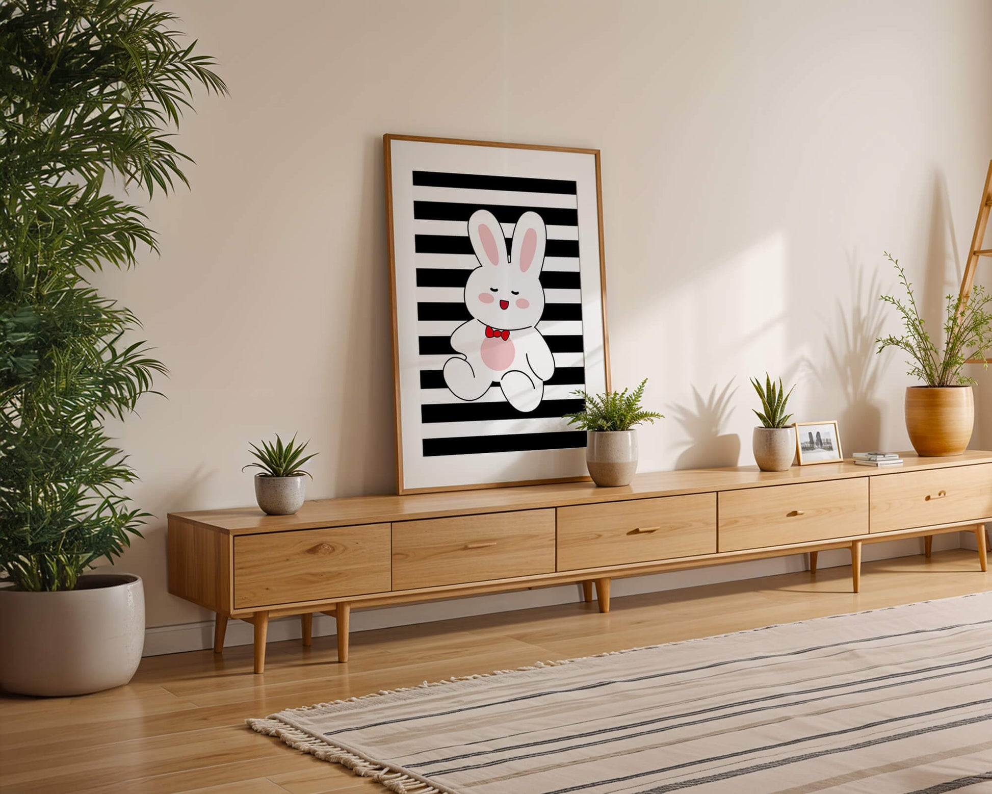Adorable cartoon bunny with bold stripes and a red bow tie