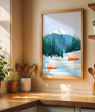 Winter Mountain Landscape with Snowy Cabins and Forest - Mi tienda