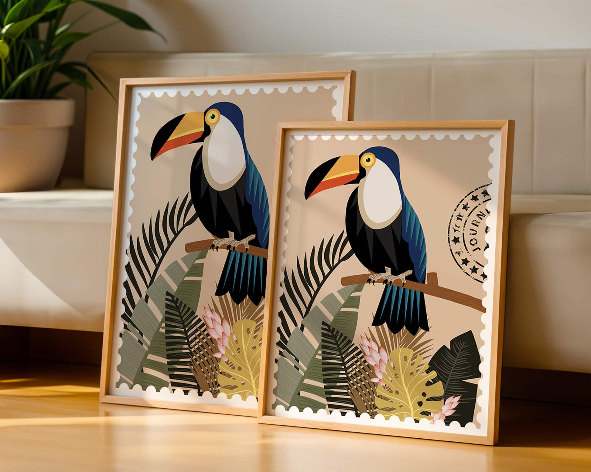 Colorful Toucan Surrounded by Tropical Leaves with Travel Stamp
