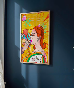Retrato de mujer en arte pop colorido con globos y patrones vibrantes