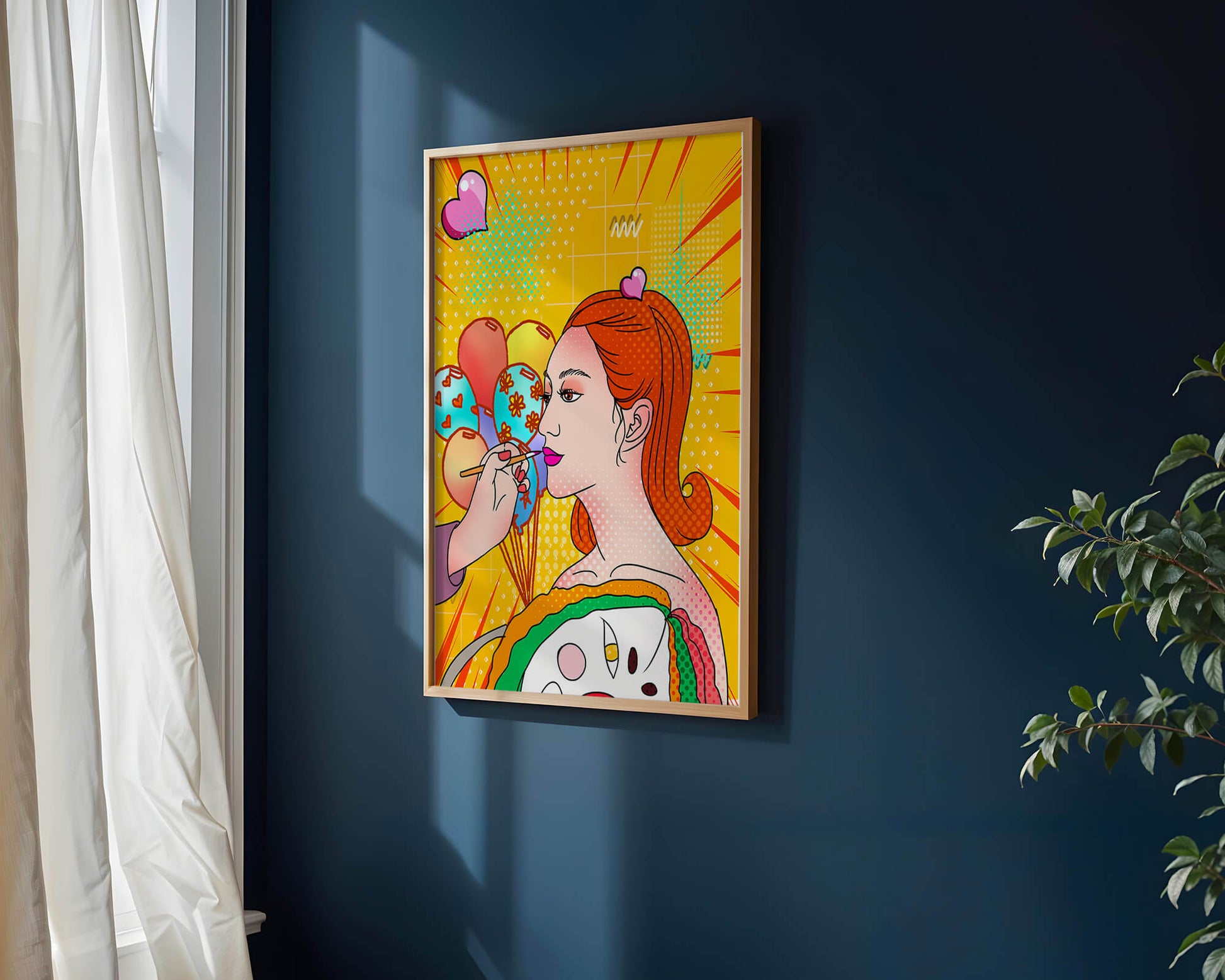 Colorful pop art woman portrait with balloons and vibrant patterns