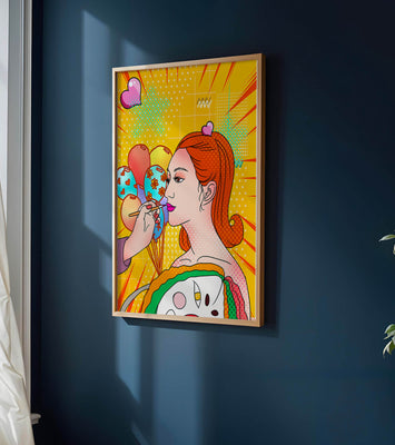 Colorful pop art woman portrait with balloons and vibrant patterns