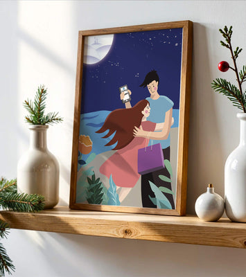 Romantic couple embracing under a moonlit night
